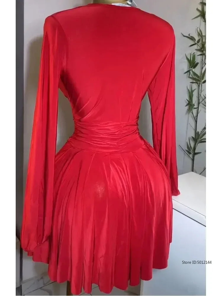 Women's Party Mini Dress 2025 Spring/summer Latest Casual Sexy Plunge Ruched Lantern Sleeve Button Daily A Line Short Skirt