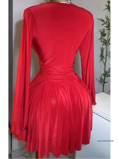 Women's Party Mini Dress 2025 Spring/summer Latest Casual Sexy Plunge Ruched Lantern Sleeve Button Daily A Line Short Skirt