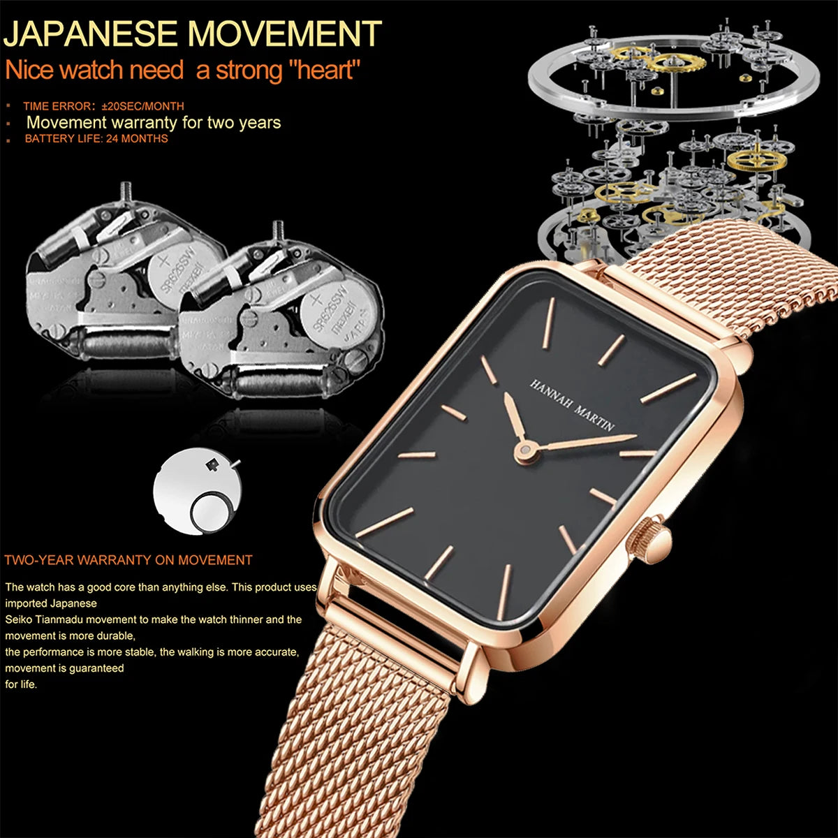 Square Women Stainless Steel Mesh Strap Watch Fashion Japanese Movement Rose Gold Simple Leisure Fashion Hannah Martin Watches