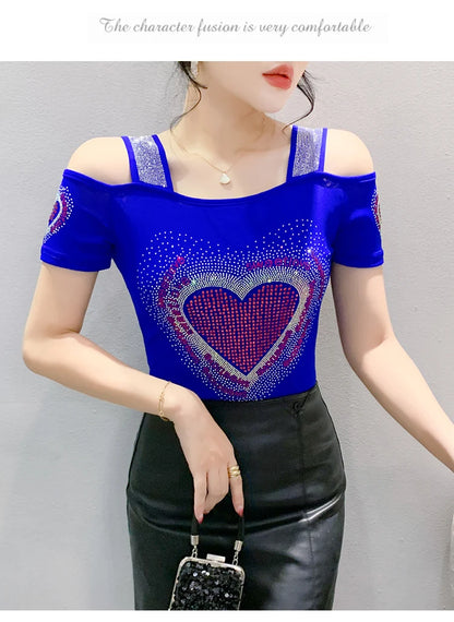 Aoxison Summer Short Sleeved Women's T-Shirt Elegant Slim Shiny Love Heart Diamonds Mesh Tops Chic Girl Sexy Off Shoulder Tees