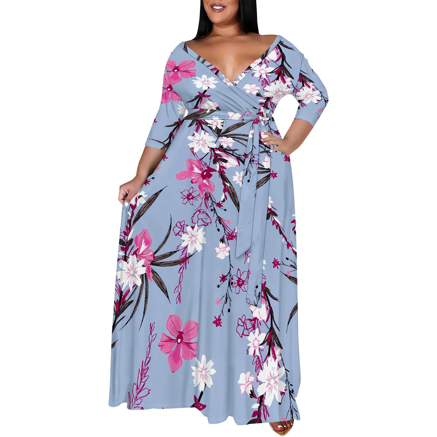 Plus Size Dress for Women - 3/4 Sleeve V-Neck Maxi Dress for Women with Belt and Pockets