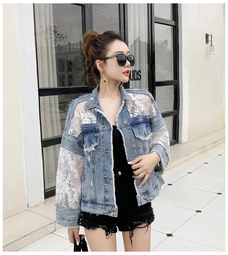 Cotton Denim Coat Women Lace Spring Autumn Ropa Cardigan Jeans Maxi Punk Gothic Bomber Jacket Windbreaker Y2k Jackets Korean