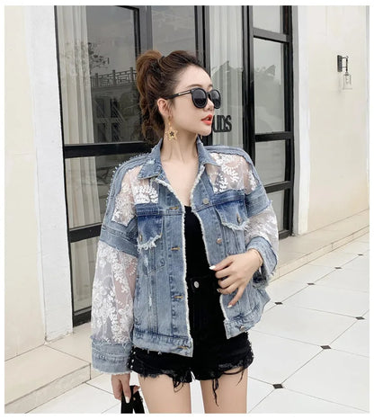 Cotton Denim Coat Women Lace Spring Autumn Ropa Cardigan Jeans Maxi Punk Gothic Bomber Jacket Windbreaker Y2k Jackets Korean
