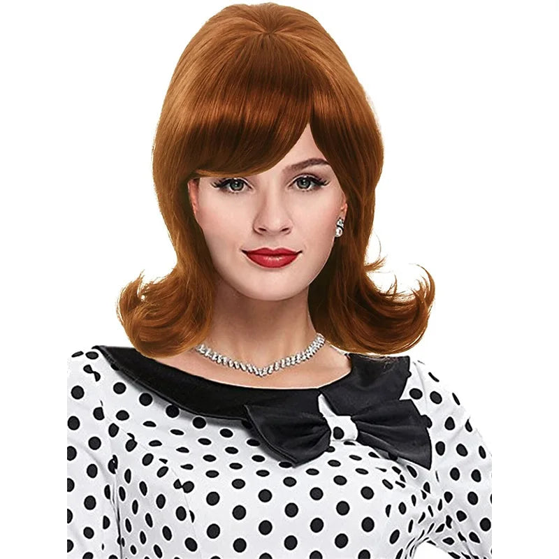 Synthetic A 14-inch black vintage period women's short straight wig with flat bangs is perfect for everyday holiday parties Light brown 1 14inches 1pc