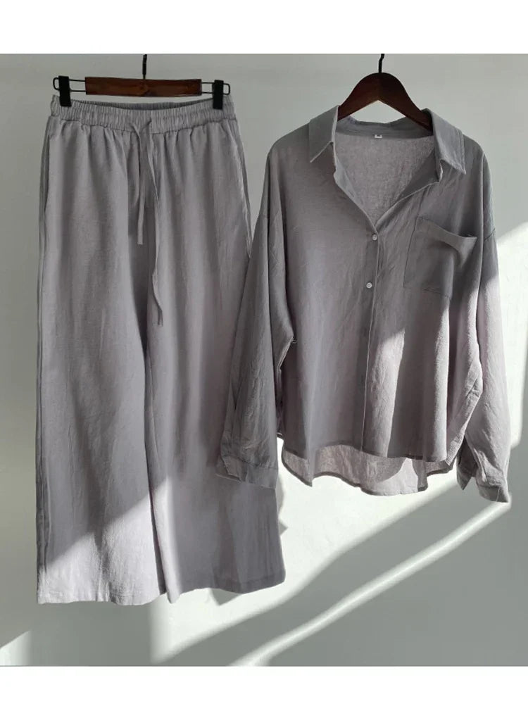 Pants Set Women Shirts Wide Leg Elastic Waist Cotton Linen Casual Sets Elegant Loose Long Sleeve Lapel Spring Shirt Y2k Suit Grey Set