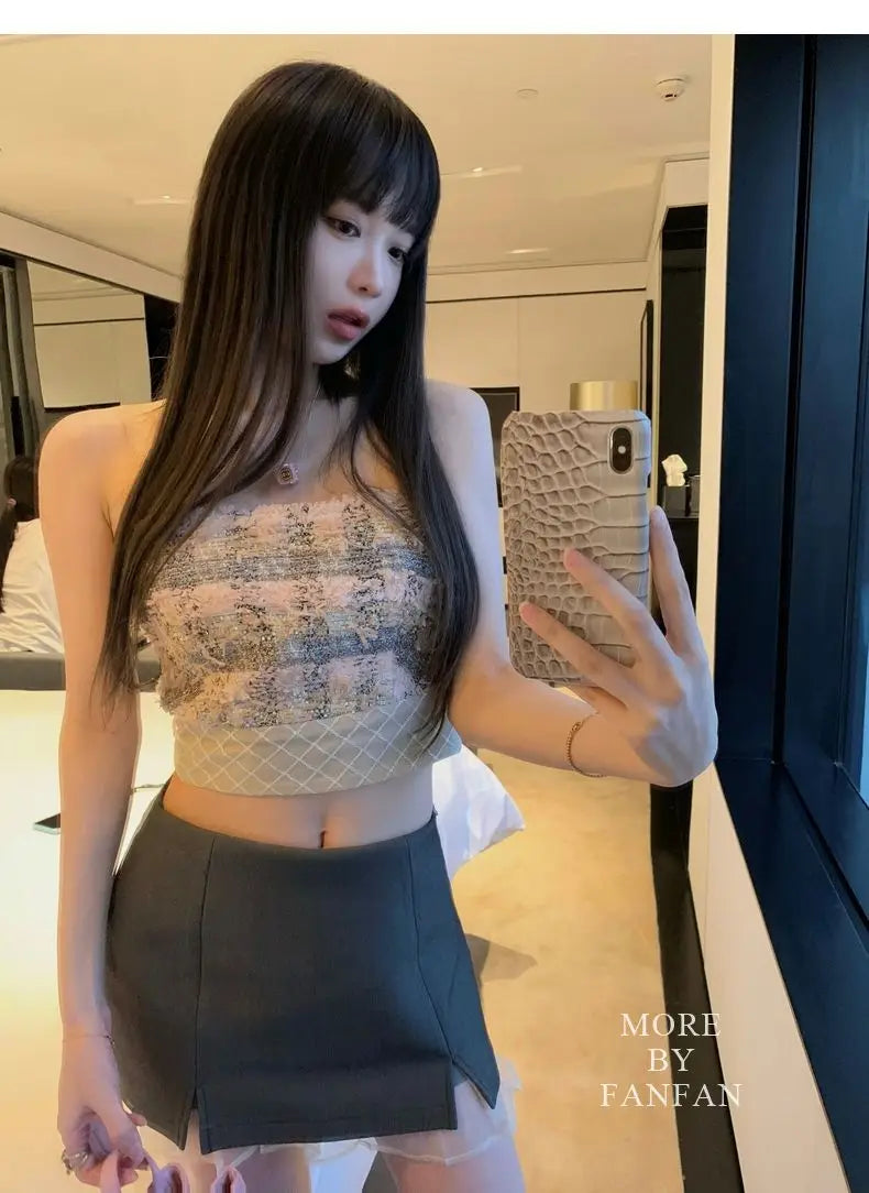 Sexy Camis Plaid Chic tube top Slim Korean Tanks Top Sleeveless Elegant Crop Top Summer Women Bustier