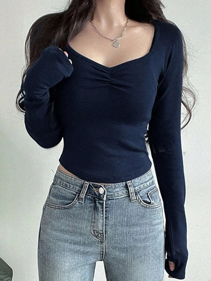 Women Long Sleeve Tops - Sexy Going Out Sweetheart V Neck Basic Shirts Tight Slim Fall Trendy Clothing