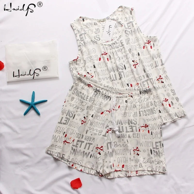 Hzioiys Summer Pajamas Sets Cotton Sleepwear Suit Women Casual Pajama Sets Cartoon Vest Shirt + Shorts Pajamas Suit Plus Size