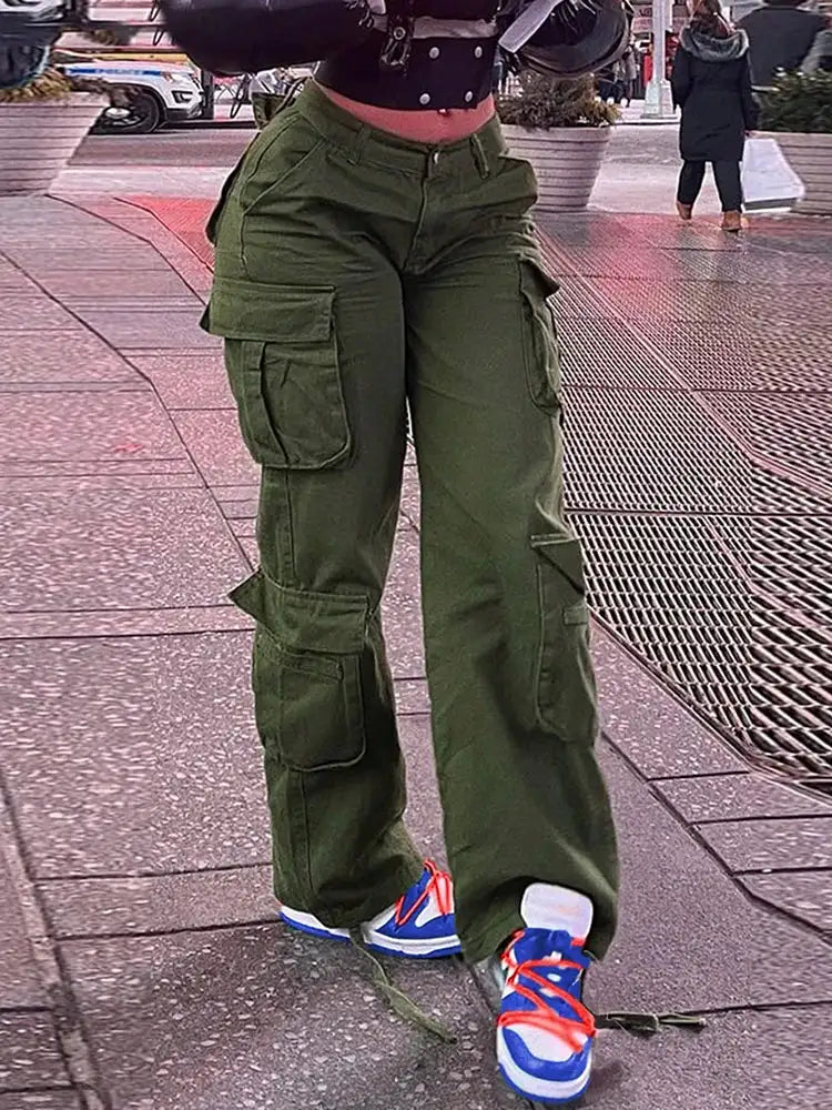 Womens New Denim Cargo Pants Retro Loose Trousers Multi Pocket Hip Hop Jeans Streetwear Wide Leg Casual Straight Pants TC708321