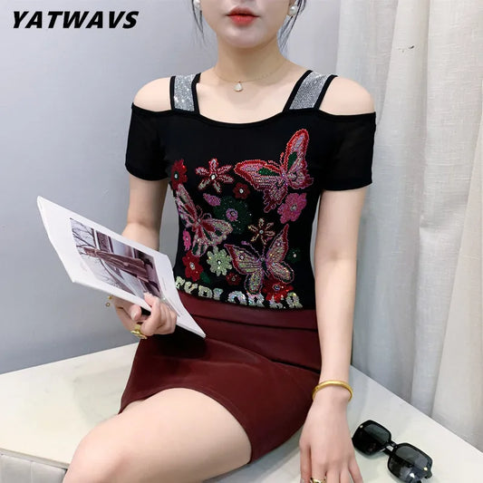 New Arrival Summer European Clothes Women's T-Shirts Chic Luxury Butterfly Hot Diamonds Tees Sexy Girl Slim Streetwear Tops