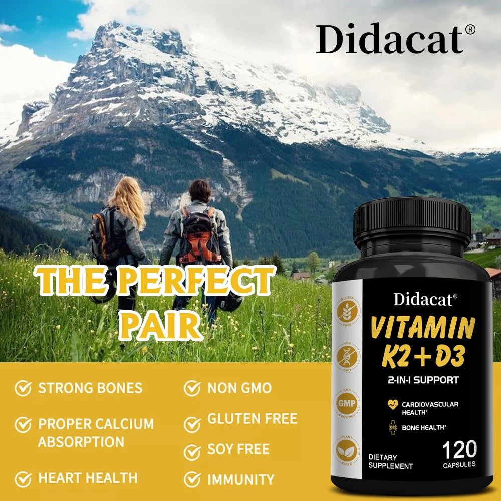 Didacat Vitamin D3+K2 Capsules, Support Calcium Absorption Bone Teeth Heart Brain Health Joints Immune Function