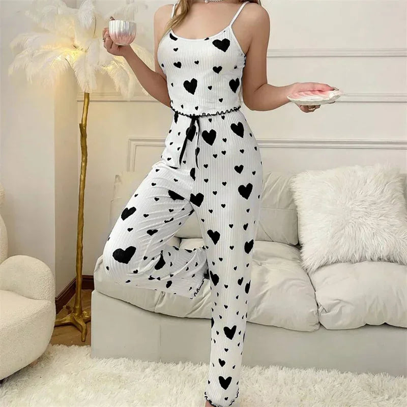 Autumn Winter Sleepwear Heart Print Sleeveless Cami Vest with Long Pants Trouser Set Pajamas Sets Women Sexy Lingerie Pyjamas Black