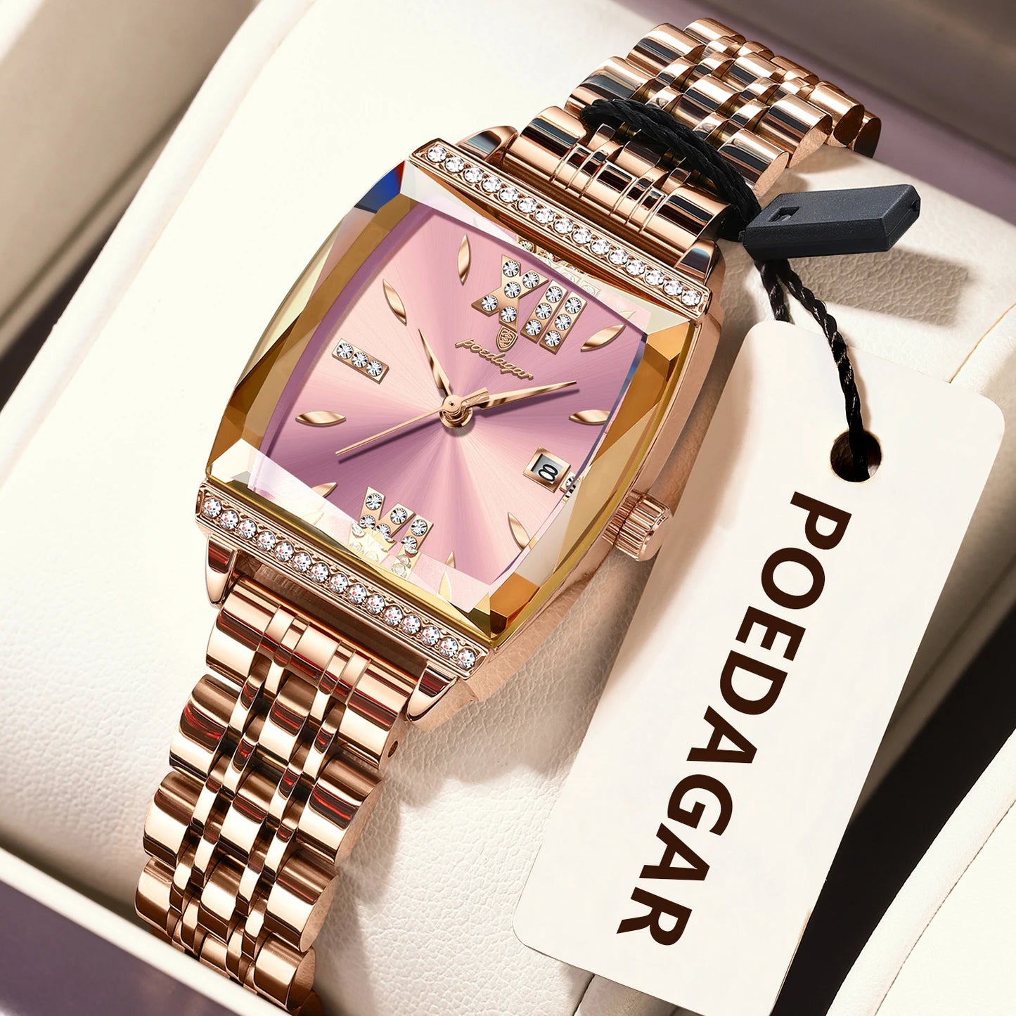POEDAGAR Diamond Luxury Watch For Woman High Quality Waterproof Date Ladies Quartz Watch Stainless Steel Women Watches Reloj+Box 795 RoseGold Pink