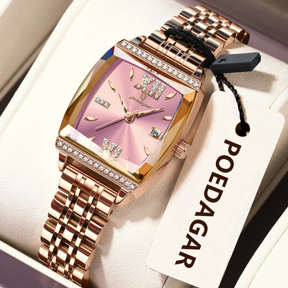 POEDAGAR Diamond Luxury Watch For Woman High Quality Waterproof Date Ladies Quartz Watch Stainless Steel Women Watches Reloj+Box 795 RoseGold Pink