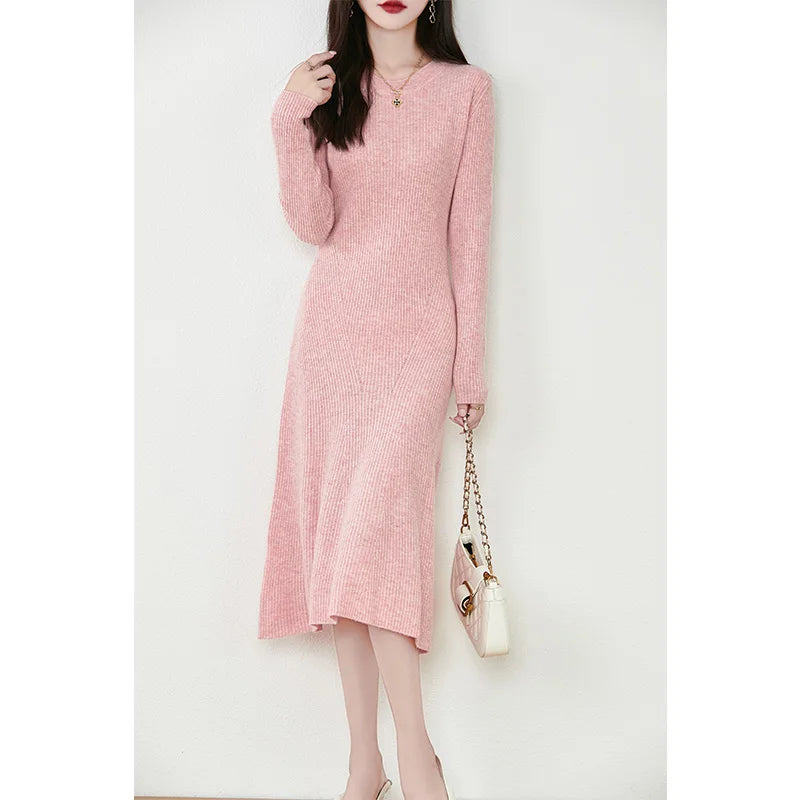 Women's Pure Wool Knitted Long Dress, Round Neck, Fishtail Skirt, Slim, Elegant, Casual, Fashionable, Sweater, 2024Autumn/Winter Badiee Stylez