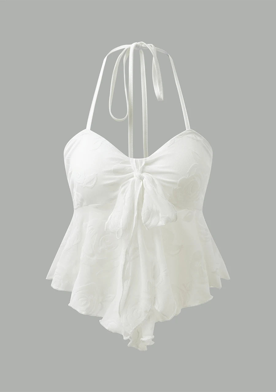 Women's Fashion Ruffle Irregular Hem Mesh Flower Flocking Sexy Front Chest Bow Tie Halter Neck Suspender Top 668175