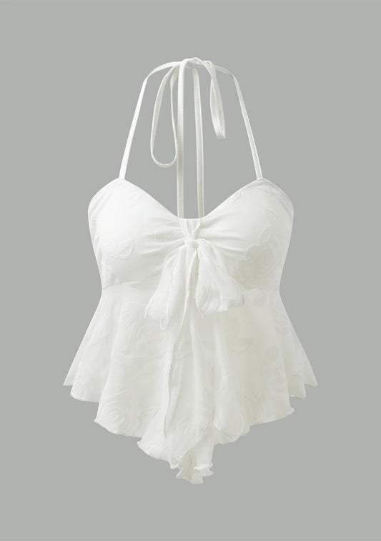 Women's Fashion Ruffle Irregular Hem Mesh Flower Flocking Sexy Front Chest Bow Tie Halter Neck Suspender Top 668175