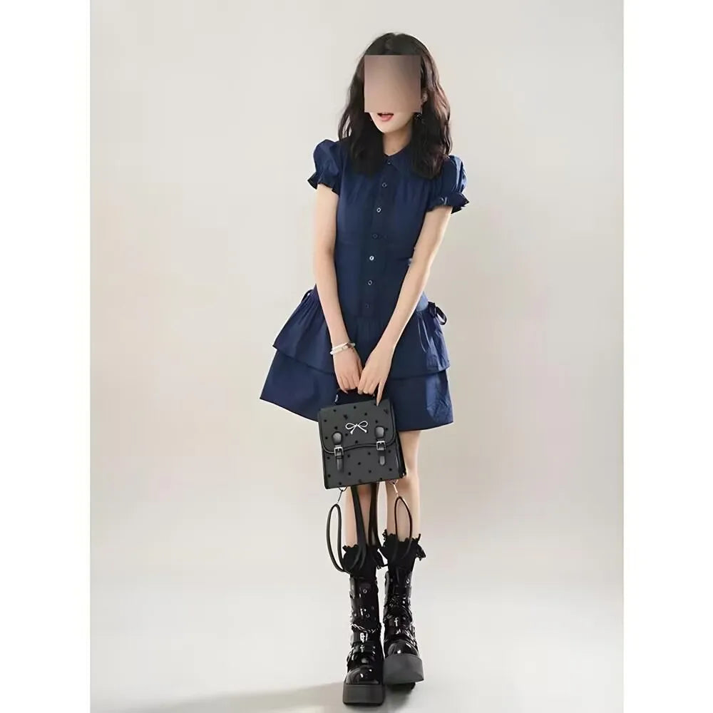 Vintage Black Y2k Dresses Lace Shirt Dress for Women Slim Waist All-match Dresses Short Sleeve Vestidos De Mujer Summer Dress