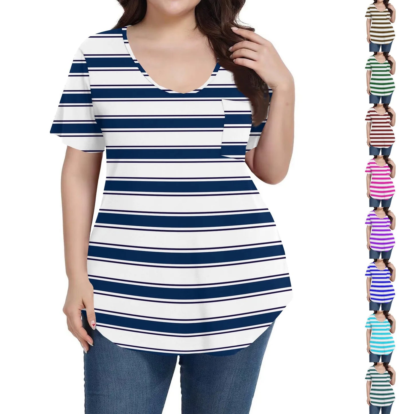 Plus Size Casual striped T-shirt For Women V neck short sleeves Loose Tops With Pocket Summer Daily Casual Plus Size Women's Top