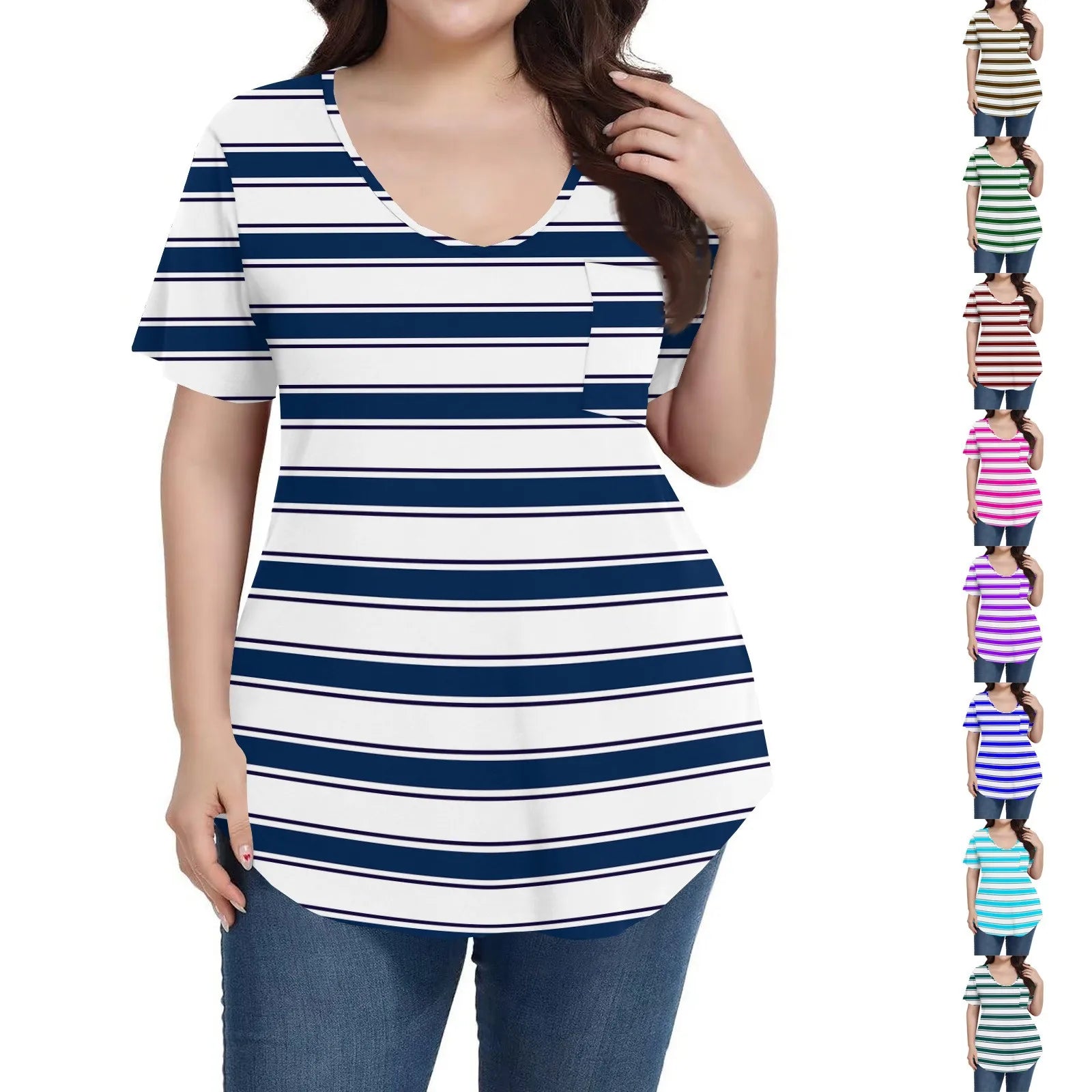 Plus Size Casual striped T-shirt For Women V neck short sleeves Loose Tops With Pocket Summer Daily Casual Plus Size Women's Top