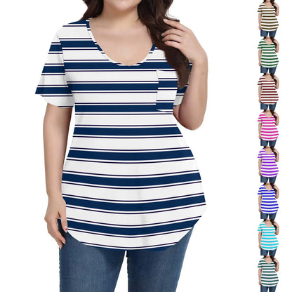 Plus Size Casual striped T-shirt For Women V neck short sleeves Loose Tops With Pocket Summer Daily Casual Plus Size Women's Top