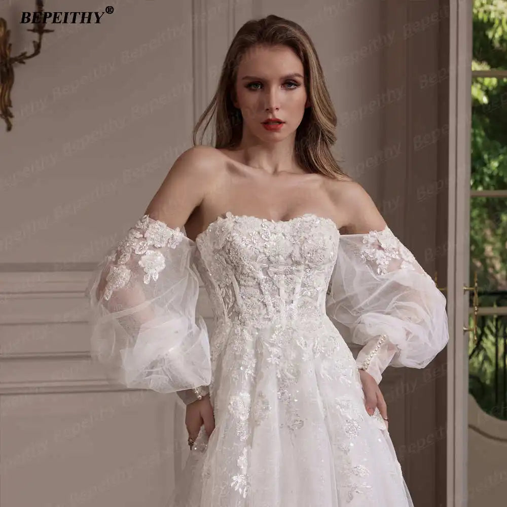 BEPEITHY Customized Strapless A Line Off Shoulder Long Sleeves Bride Ivory Wedding Dresses Glitter Court Train Bridal Gown 2025 Badiee Stylez
