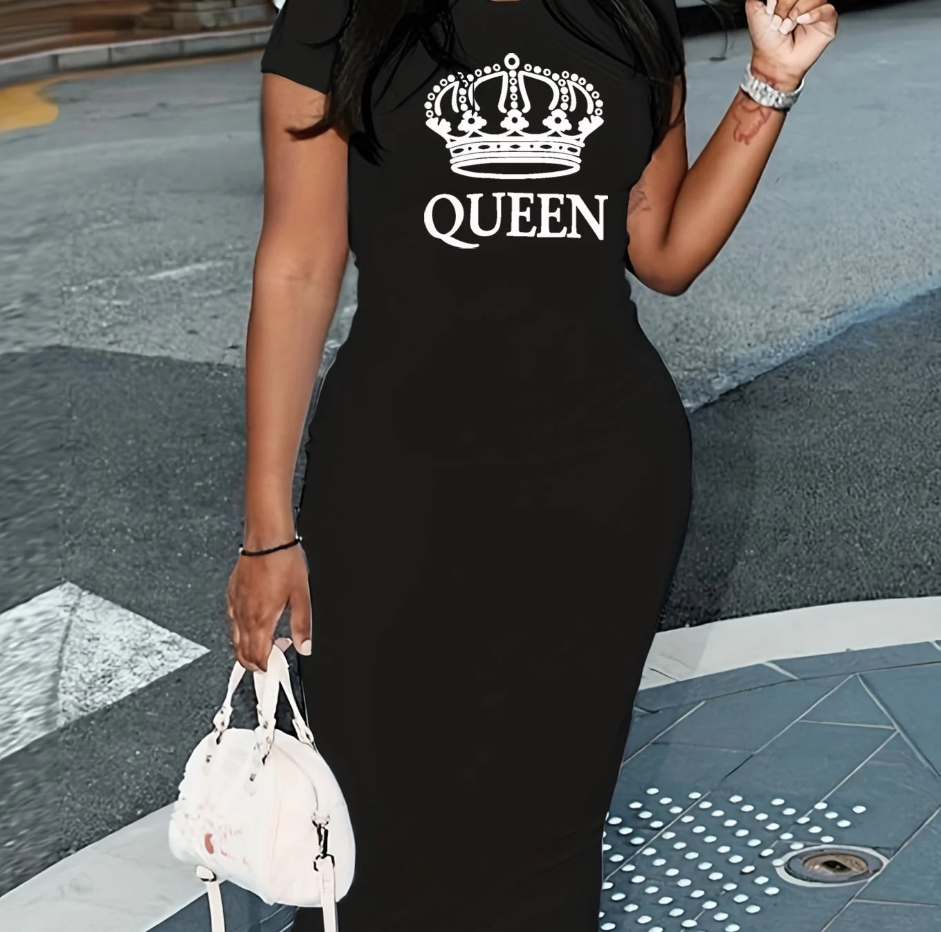 Summer black sexy dress women's classic QUEEN print casual slim fit short sleeved round neck T-shirt and nude long skirt babi-QUEEN