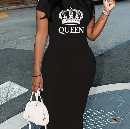 Summer black sexy dress women's classic QUEEN print casual slim fit short sleeved round neck T-shirt and nude long skirt babi-QUEEN