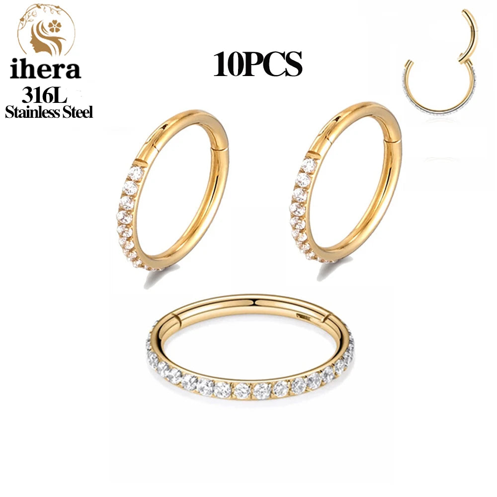 316L Stainless Steel Zircon CZ Hinged Segment Nose Septum Clicker Ring Round Earrings Hoops Ear Tragus Helix Piercing Jewelry 10PCS Gold Color CHINA