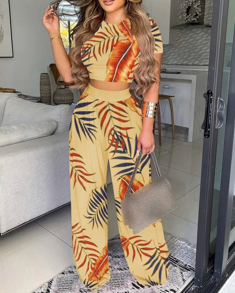 Women Print Pant Sets Two Piece Suit Round Neck Short Sleeve Tops Vests Wide Leg Trousers High Waist Pant Matching Sets Summer