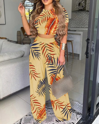 Women Print Pant Sets Two Piece Suit Round Neck Short Sleeve Tops Vests Wide Leg Trousers High Waist Pant Matching Sets Summer