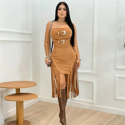 RLMABABY Sexy Strapless Tassel Bodycon Mini Dress Women Gown Slim Backless Sleeveless Metal Buckle Club Party Sheath Short Dress