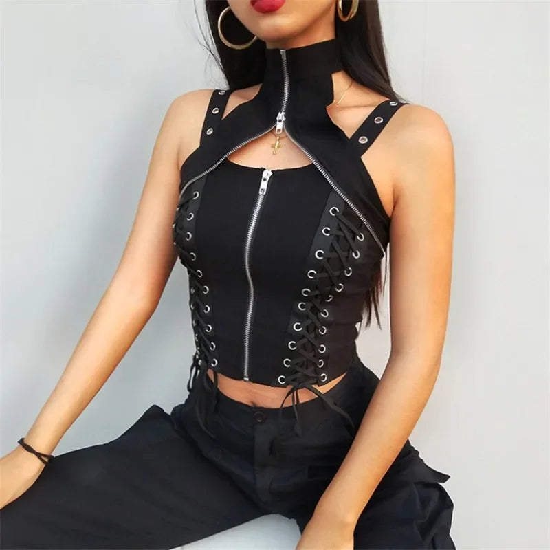 Y2k Dark Punk Gothic Corset Vest Women 2024 High Waist Bandage Crop Tank Tops Streetwear Emo Alt Harajuku Halter Rave Outfits