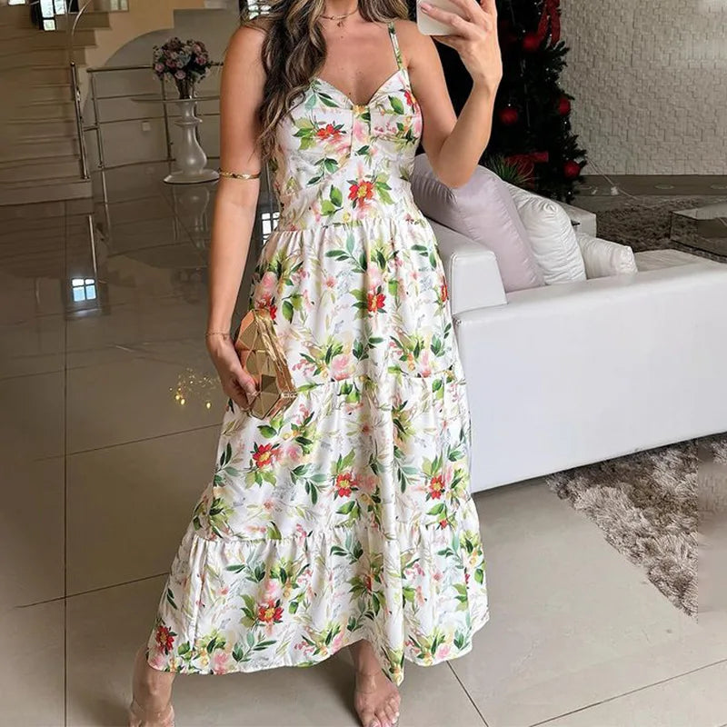 Bohemian Beach Sundresses For Women Fashion Floral Printed Sexy Sling Maxi Dresses Oversized Ladies Casual Long Dress green