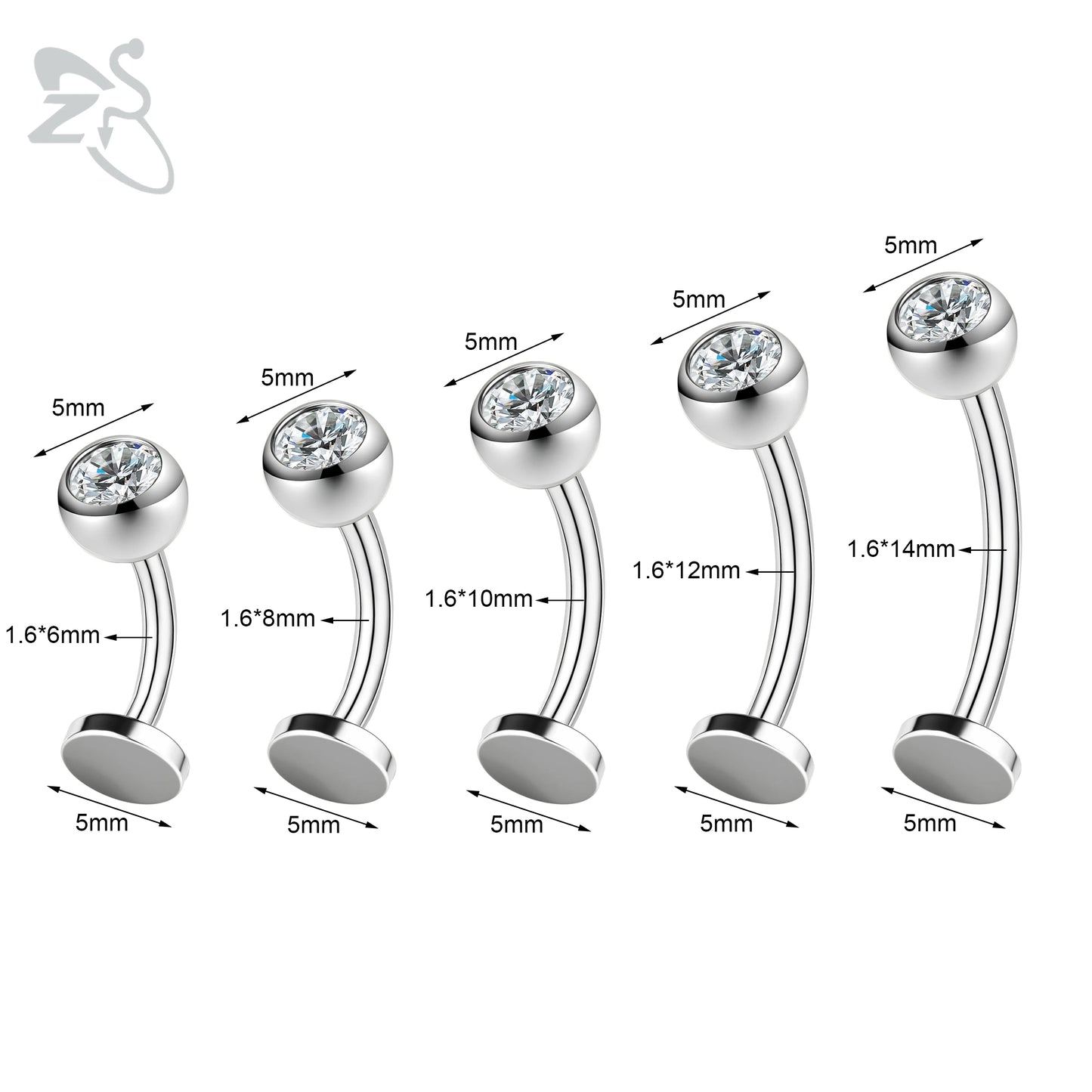 ZS 1 Piece Internal Thread Stainless Steel Belly Button Ring Floating Navel Piercings 14G Curved Umbilical Ring Jewelry 6MM-14MM Badiee Stylez
