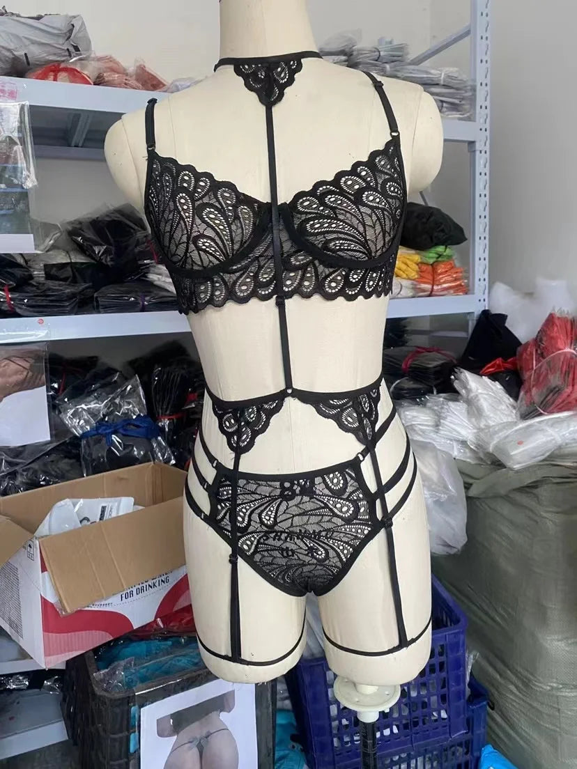 Fantasy sexy lingerine outfit Women Bra Garters Panties See Through Lingerie Set Ladies Sexy Underwear Set Porn Sexy Costumes