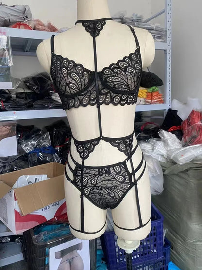Fantasy sexy lingerine outfit Women Bra Garters Panties See Through Lingerie Set Ladies Sexy Underwear Set Porn Sexy Costumes