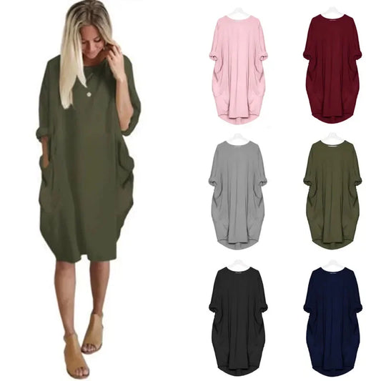 Women Casual Loose Dress with Pocket Fashion Ladies Solid Dress Women's O Neck Long Tops T Shirt Dress Streetwear Plus Size