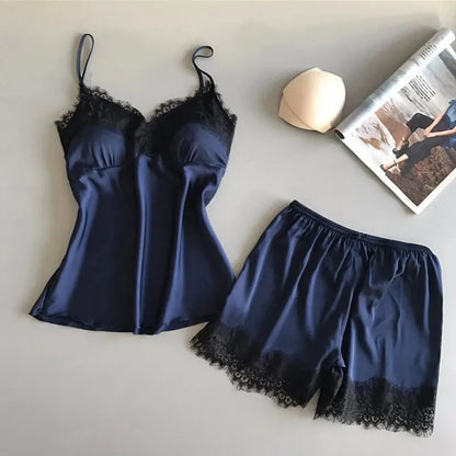 Women Pajama Suit Fashion V-Neck Lace Sexy Lingerie Pyjamas Sleep Shorts Set Sleepwear New ZY05