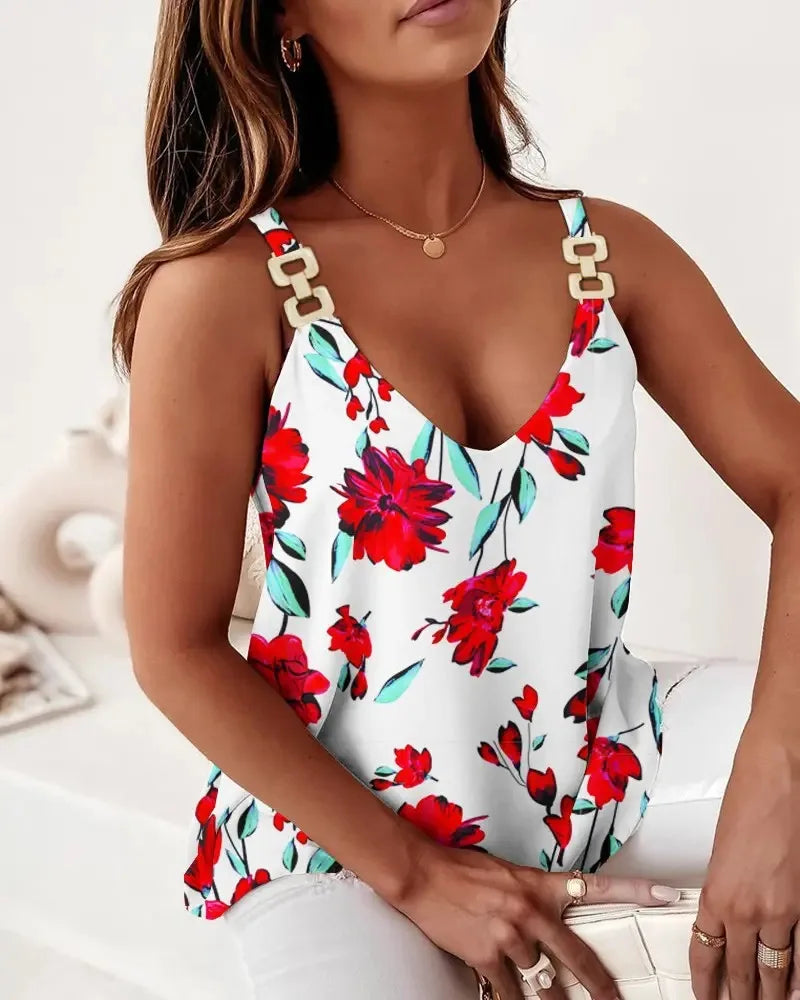 Deep V Geometric Printed Tank Top Women's Chain Strap Sleeveless T-shirt Summer Trendy Vest Top