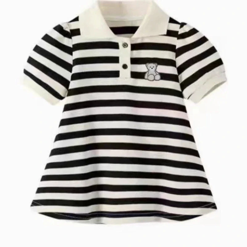 Girls Stripe Bear Polo Dress Summer Short Sleeve Flip Collar Baby Academy Style Trendy Dress Girls Aged 2-10 F25612