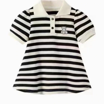 Girls Stripe Bear Polo Dress Summer Short Sleeve Flip Collar Baby Academy Style Trendy Dress Girls Aged 2-10 F25612