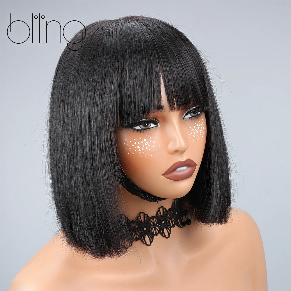 200% Human Hair Wig With Bang Natural Glueless Straight Layered Bob Hairstyle 1X13 Transparent Lace Black for Women 10 Inch Badiee Stylez