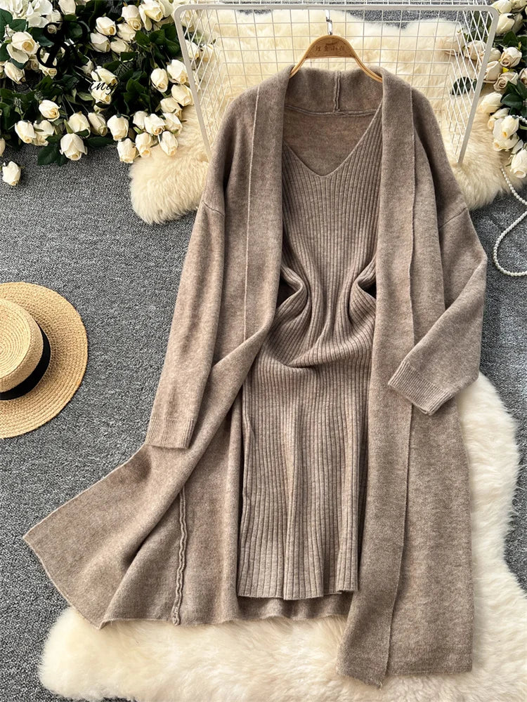 SINGREINY Autumn Knitted Two Pieces Sets Ladies Loose Knitting Cardigan+Spaghetti Strap Bodycon Dress Basic Solid Winter Suits Badiee Stylez