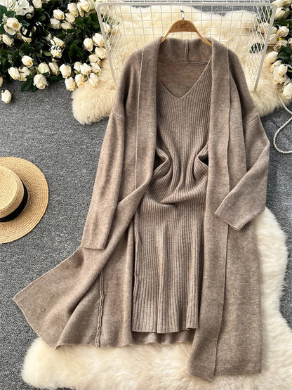 SINGREINY Autumn Knitted Two Pieces Sets Ladies Loose Knitting Cardigan+Spaghetti Strap Bodycon Dress Basic Solid Winter Suits Badiee Stylez