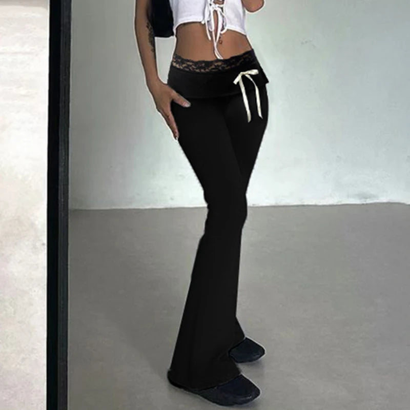 Cuteandpsycho Lace Patchwork Bow Straight Pants Y2K Fashion Aesthetic Cute Trousers Harajuku Streetwear Joggers 2000s Bottoms