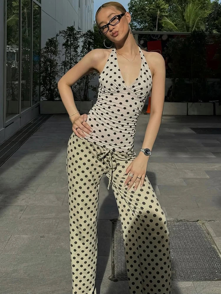 weird Puss Polka Dot Print Vest Women Y2K Lace-Up Backless Halter v-Neck Skinny Summer Trend Daily Street Basic Chic Tank Tops