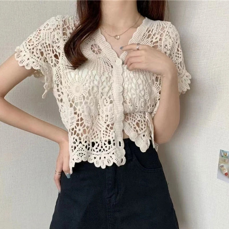 Women French Style Short Sleeve Lace Shrug Hollow Out Crochet Knit Cardigan V-Neck Button Down Sheer Crop for Jac