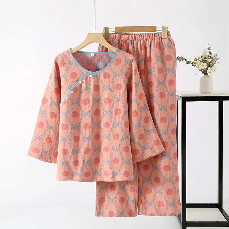 Chinese Style Women's Pajamas, Pure Cotton, Retro Color, Woven Jacquard, Home Clothing, Long Sleeves Trousers, Diagonal Collar Persimmon-Pink