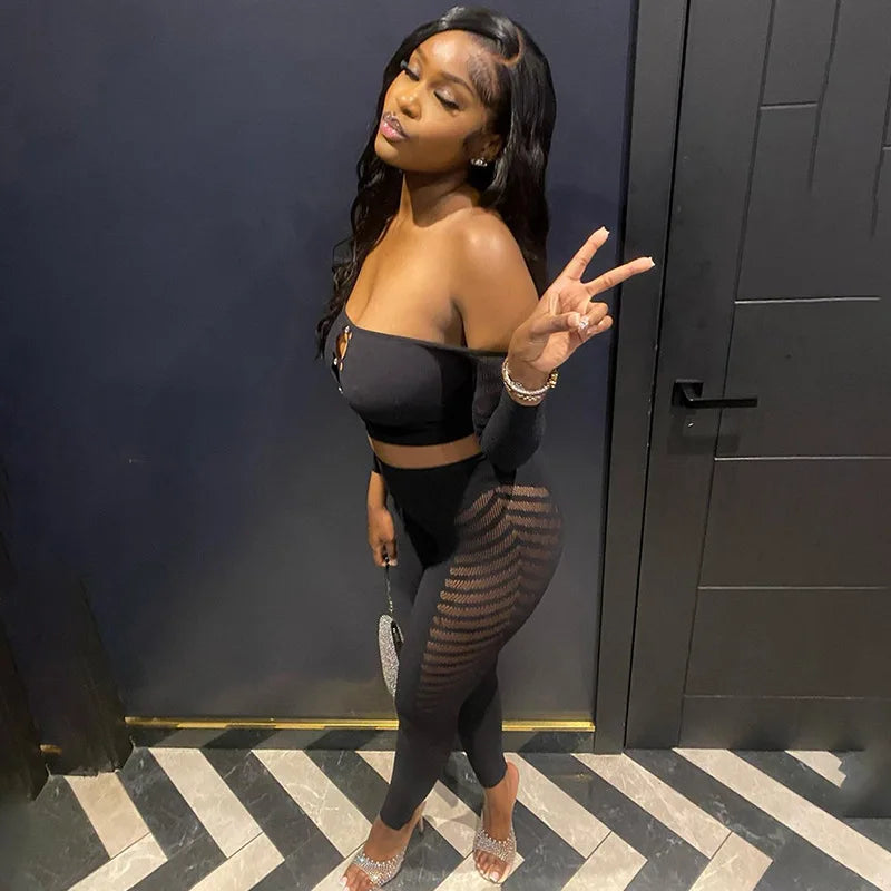 Simenual Baddie Fashion Mesh Tansparent Two Piece Sets Hotsweet Sexy Hollow Out Crop Tops Skinny Pants High Elastic Co Ord Suits